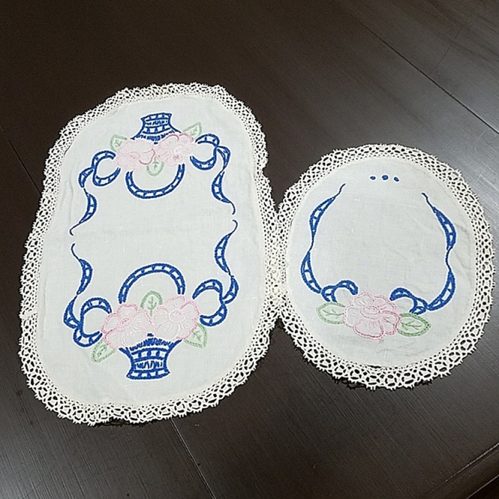 Vintage Hand Embroidered Linen Table Doilies